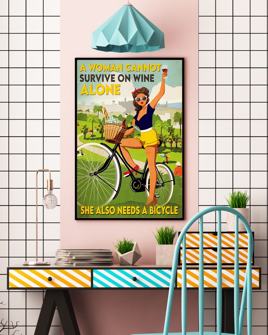 A Woman Cannot Survive On Wine Alone She Also Needs Bicycle Posterc