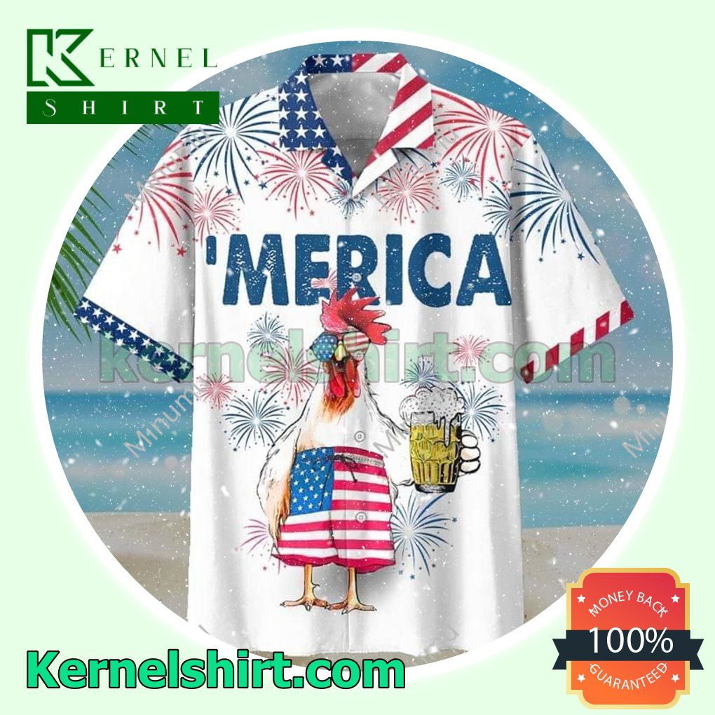 American Flag Rooster Drink Beer Print Button Shirt