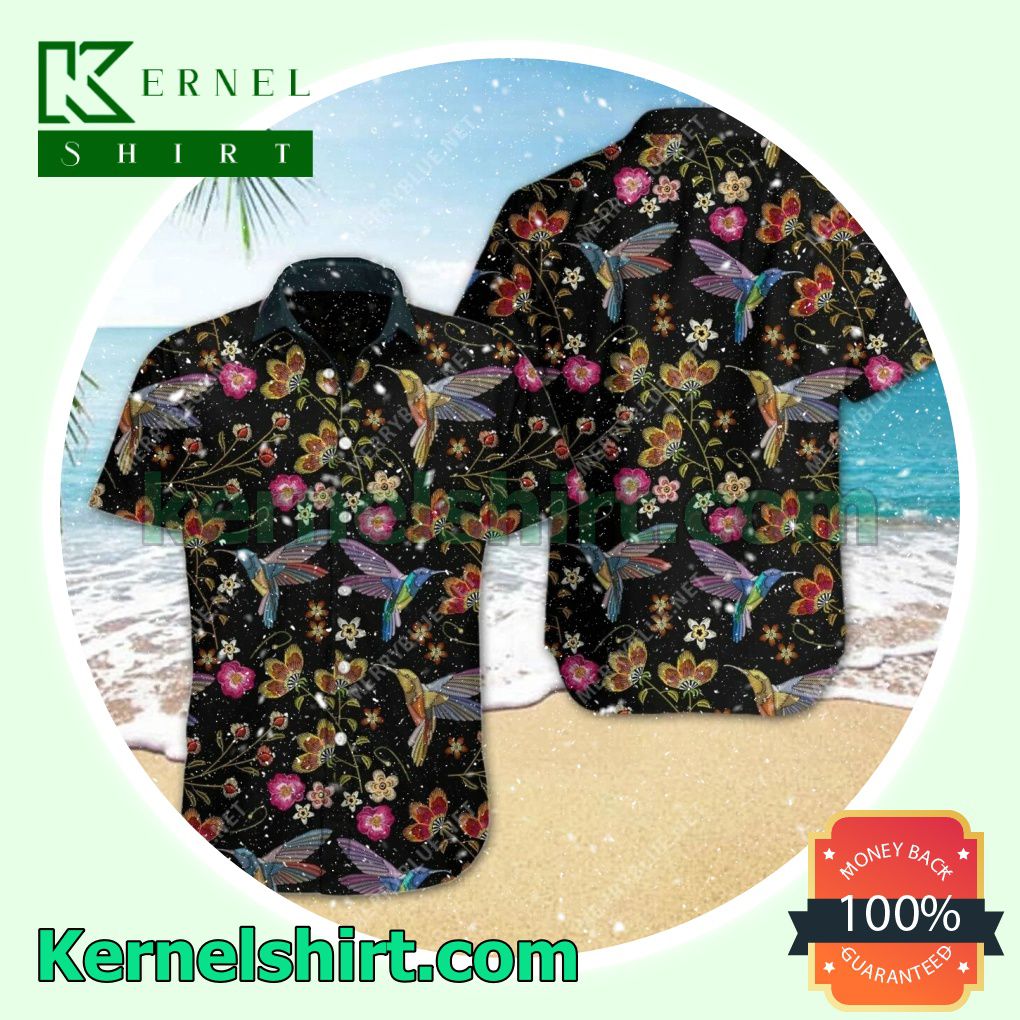 Beautiful Hummingbirds And Spring Flowers Embroidery Black Summer Shirt
