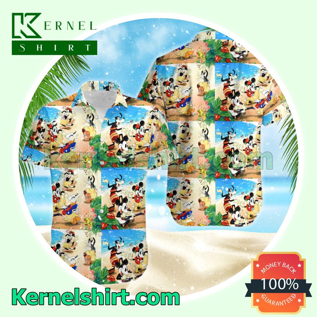 Mickey & Friends Disney Hawaiian Summer Tropical Print Vacation Button Shirt