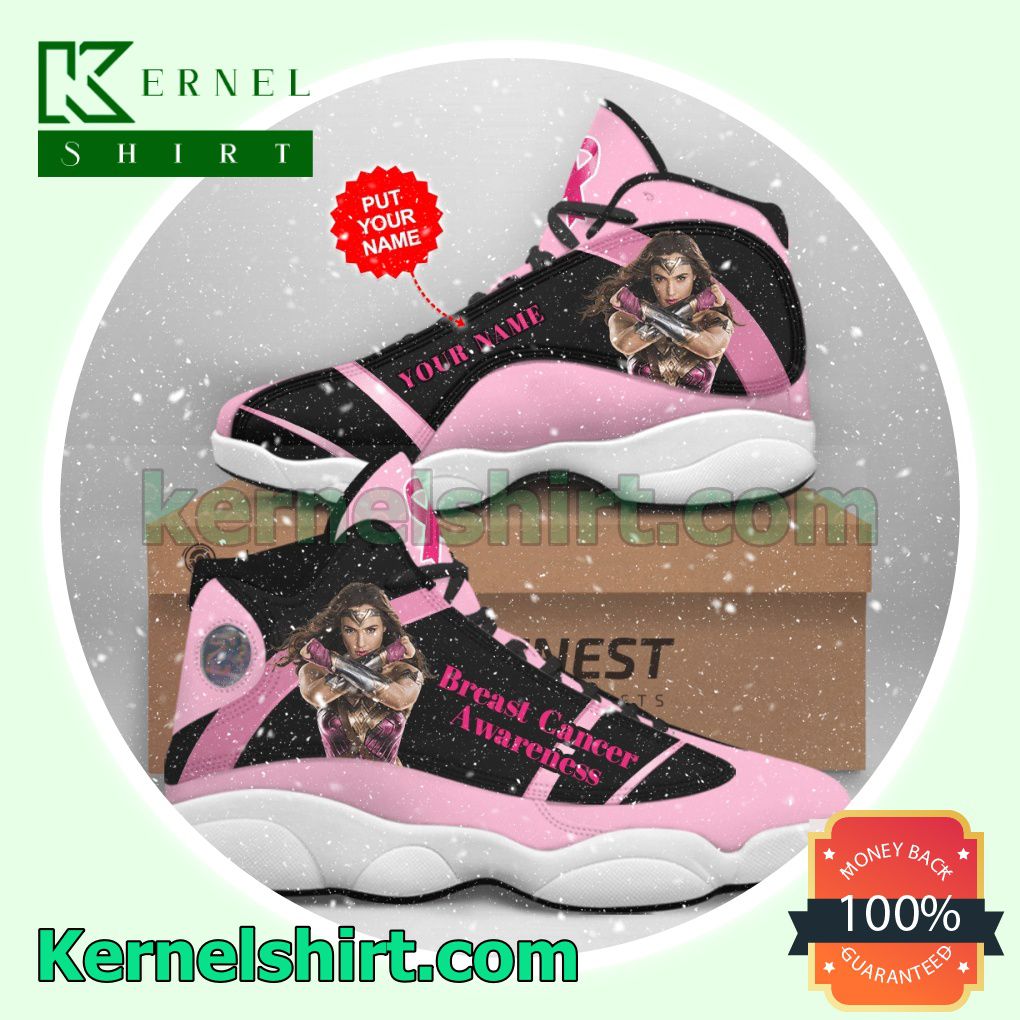 Personalized Wonder Woman Breast Cancer Awareness White Pink Nike Sneakers