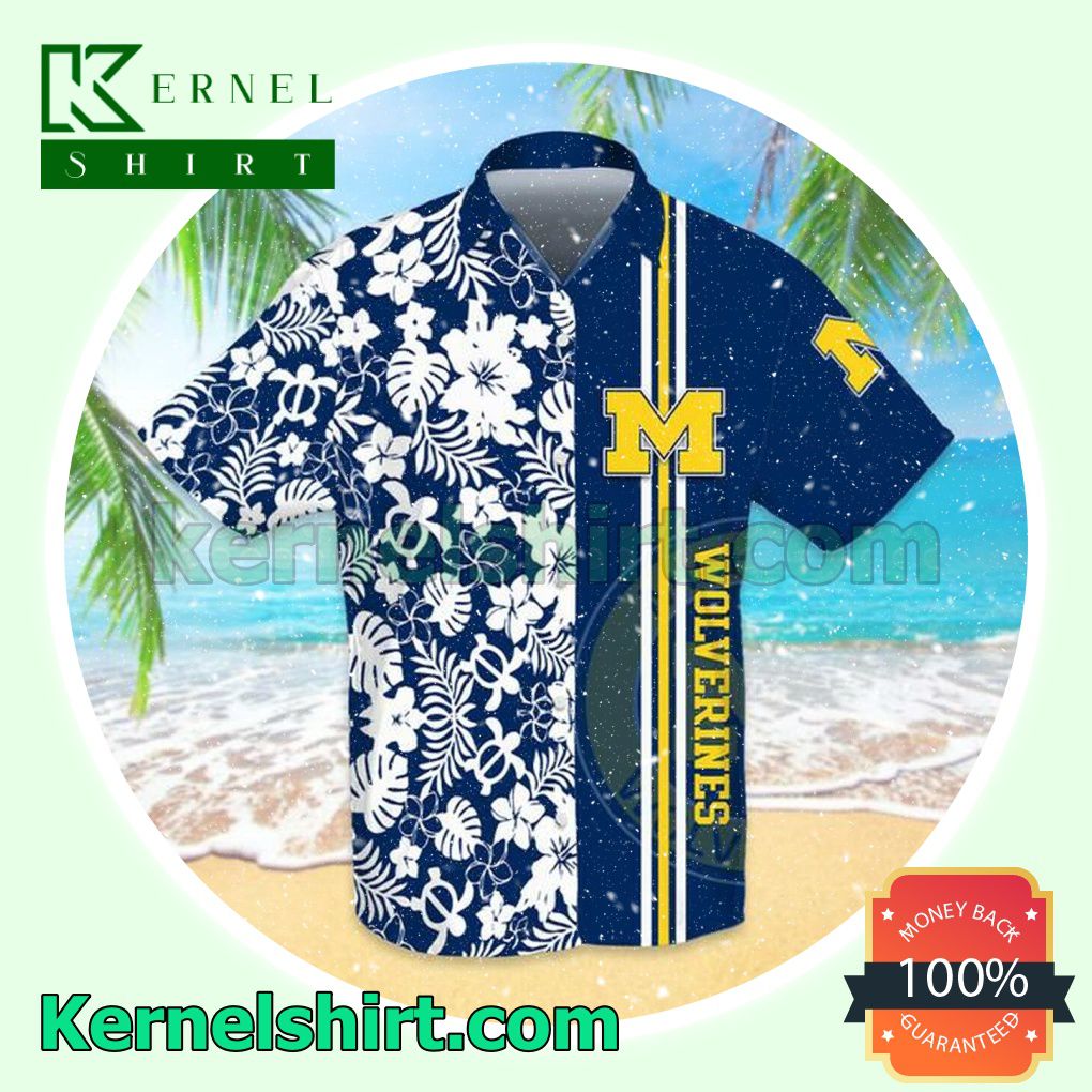Sports American Football Ncaaf Michigan Wolverines White Hibiscus On Navy Summer Shirt