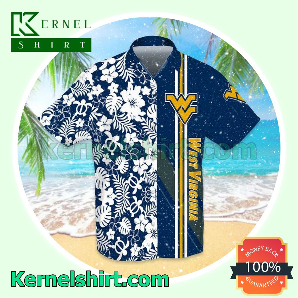 Sports American Football Ncaaf West Virginia Mountaineers White Hibiscus On Navy Summer Shirt
