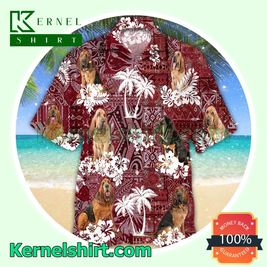 Tropical Hibiscus And Palm Bloodhound Red Button Shirt