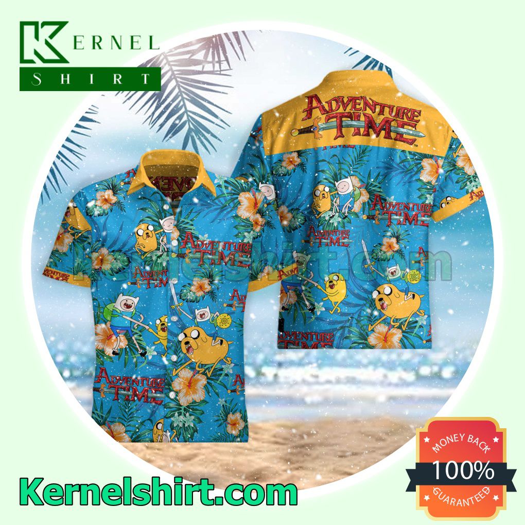 Adventure Time Orange Hibiscus Palm Leaf Blue Beach Shirts