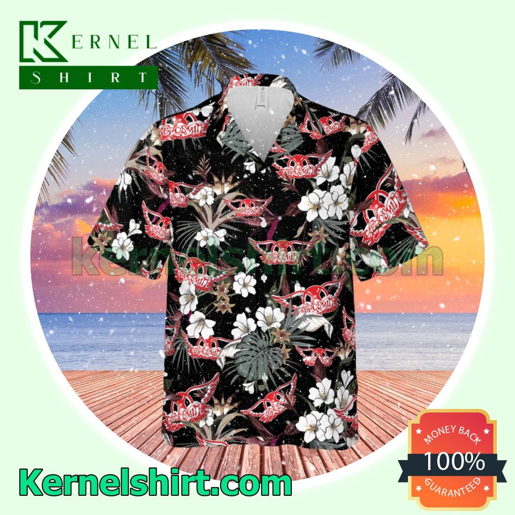 Aerosmith Rock Band Tropical Forest Black Aloha Beach Hawaiian Shirt