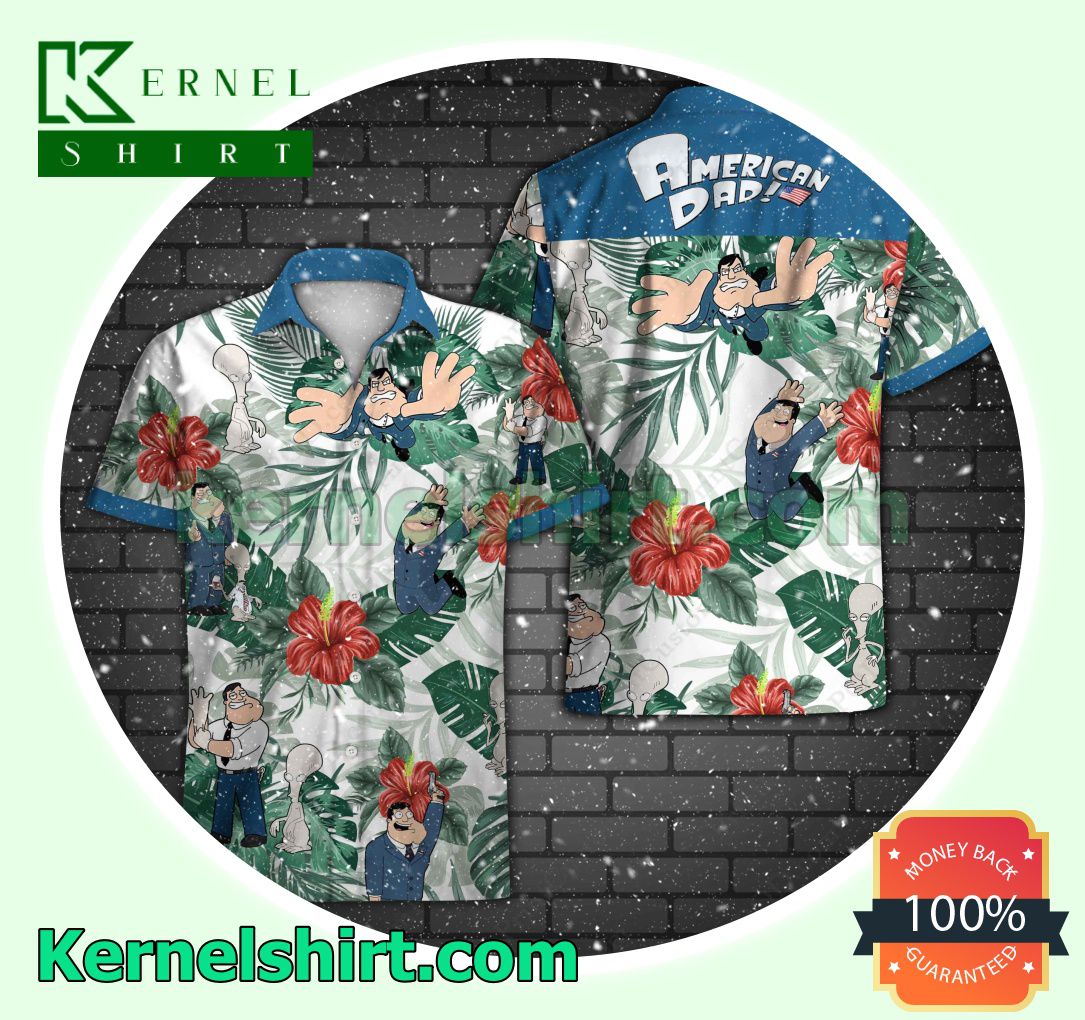 American Dad Red Hibiscus Palm Leaf White Beach Shirts