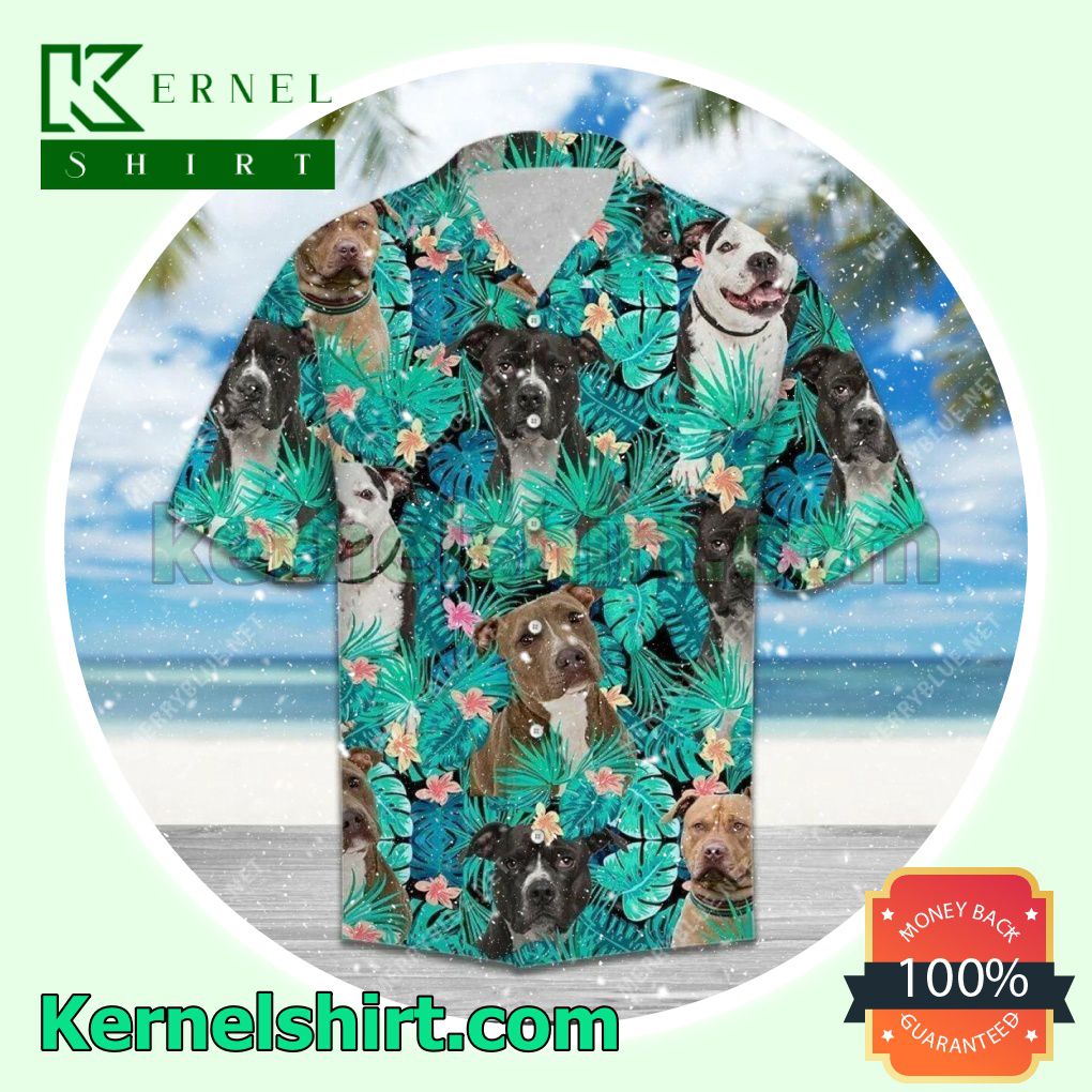 American Pit Bull Terrier Behind Tropical Leave And Flower Beach Shirt