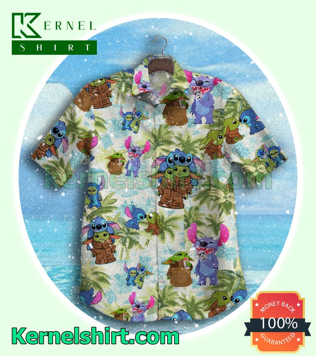 Baby Yoda And Stitch Coconut Tree On Beach Beach Shirts