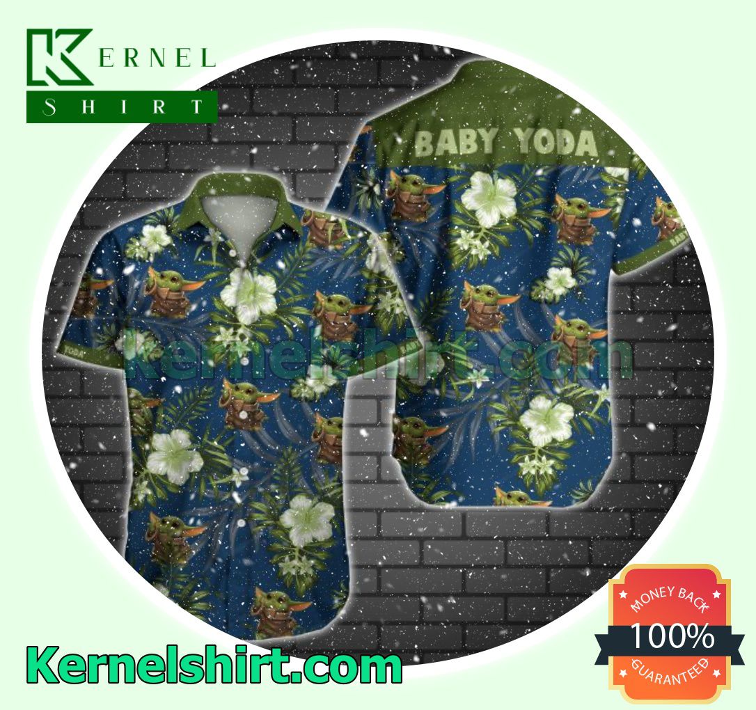 Baby Yoda Green Tropical Floral Navy Beach Shirts