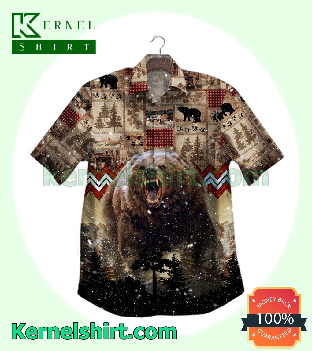 Bear Hunting Rustic Natural Cabin Pattern Beach Shirts