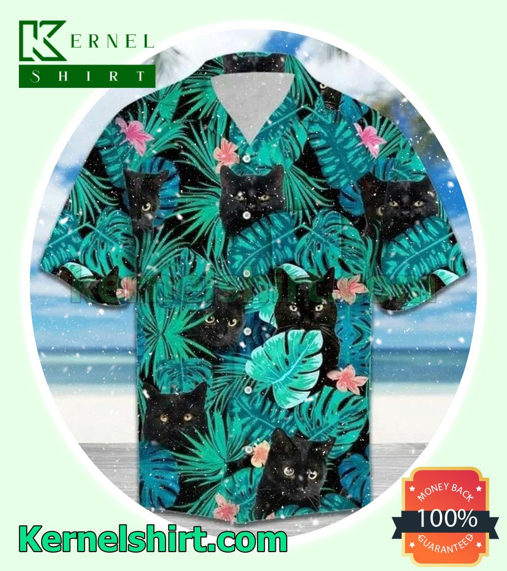 Black Cat Behind Tropical Leaves Beach Shirt
