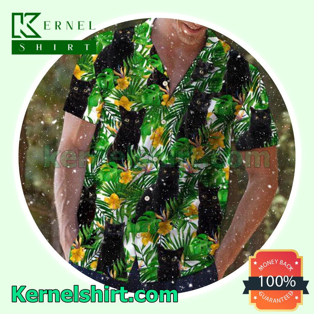 Black Cat Tropical Wild Flowers Beach Shirts