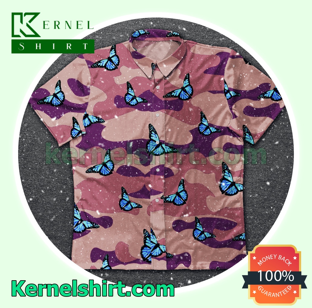 Blue Butterfly Pink Camo Beach Shirts