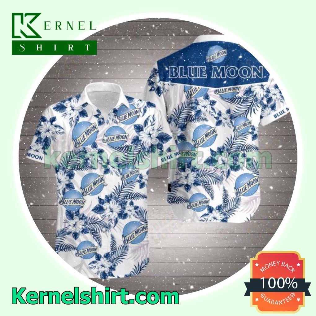 Blue Moon Logo And Navy Tropical Floral White Beach Shirts