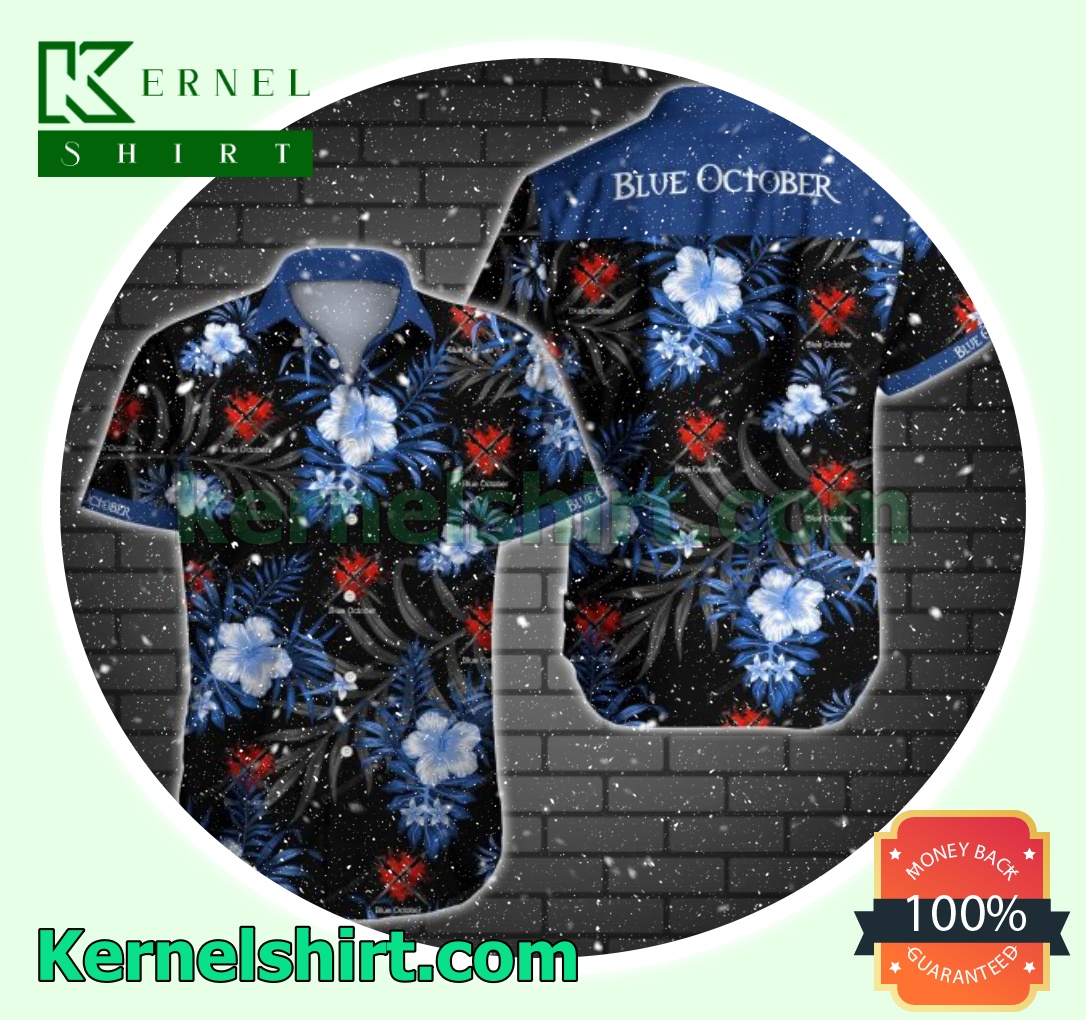 Blue October Blue Tropical Floral Black Beach Shirts