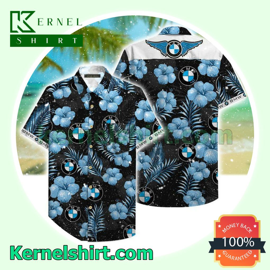 Us Store Bmw Blue Hibiscus Flowers Black Beach Shirt