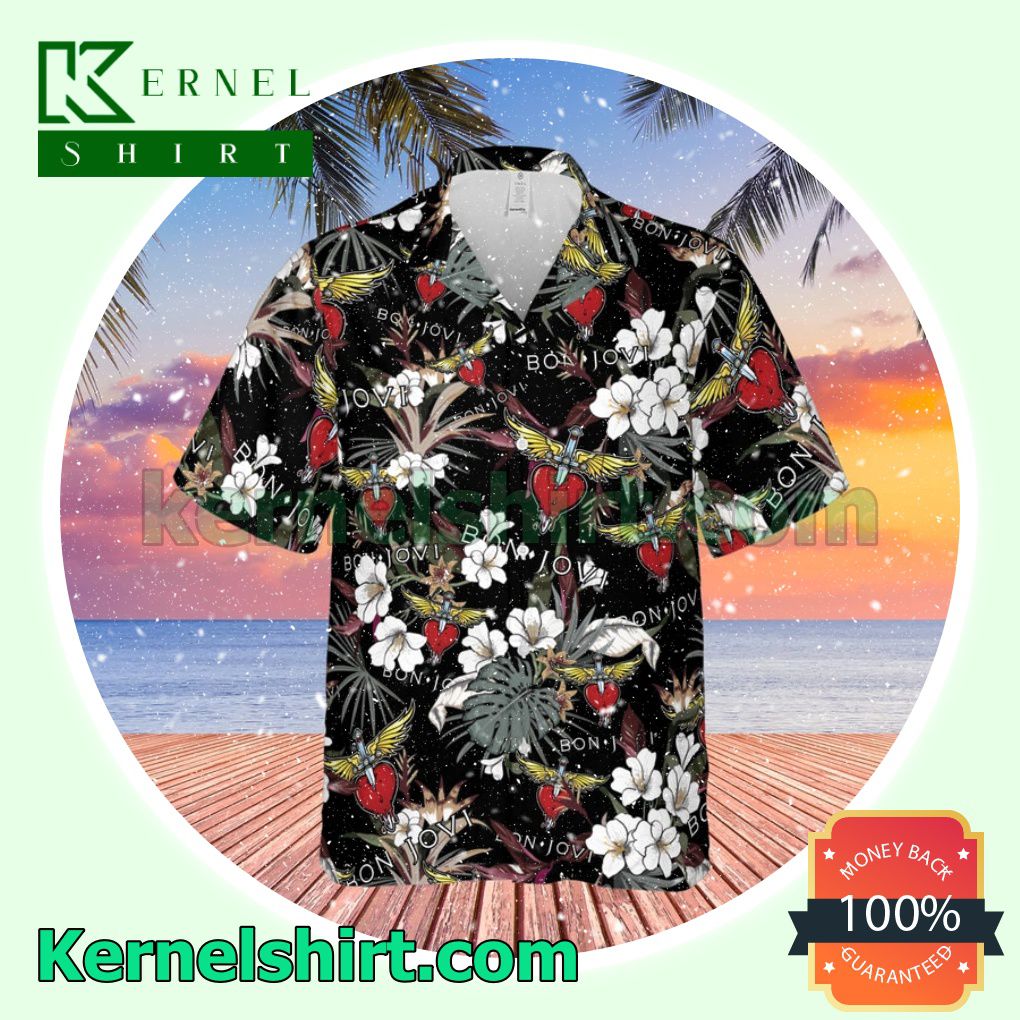 Bon Jovi Rock Band Tropical Forest Black Aloha Beach Hawaiian Shirt