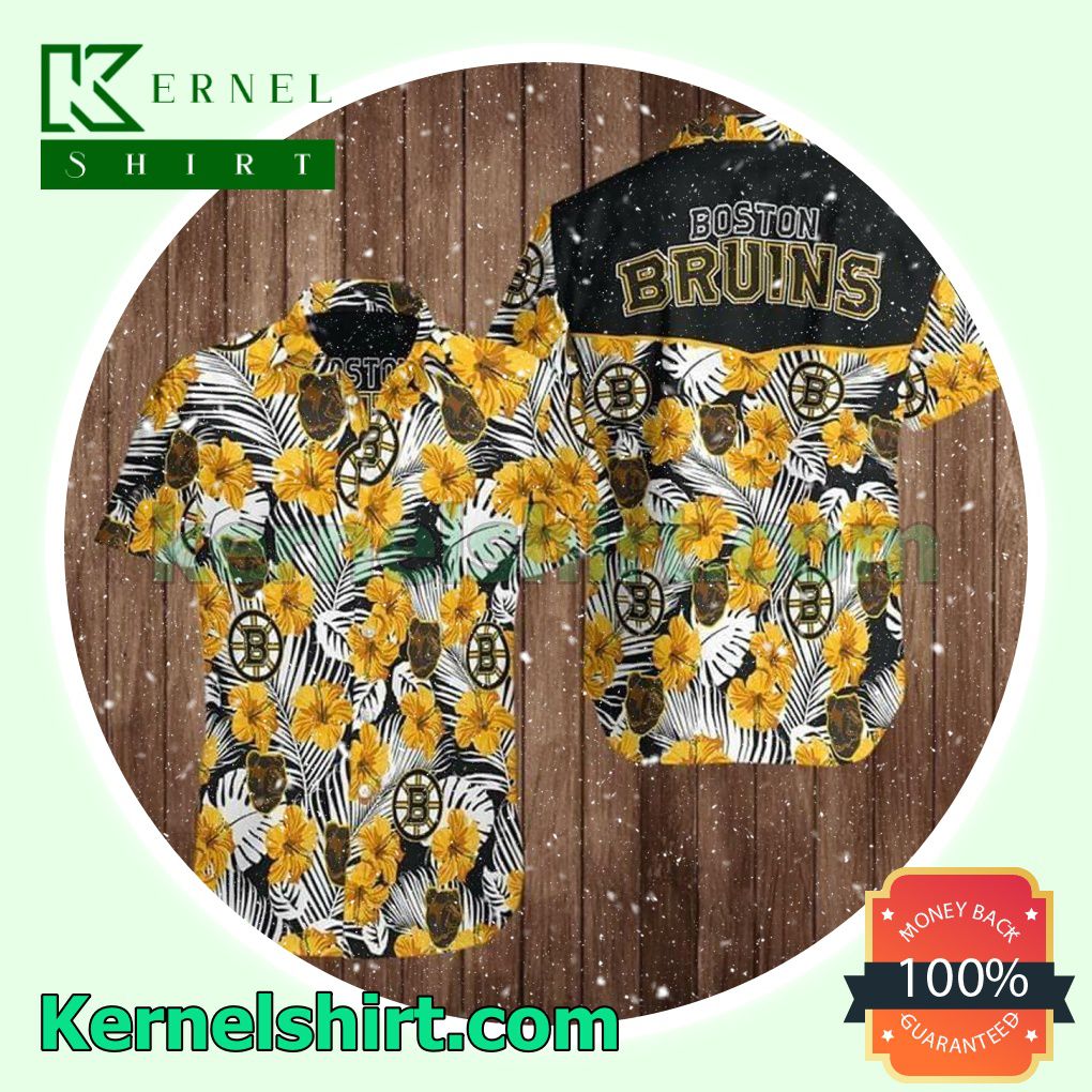 Excellent Boston Bruins Hockey Yellow Hibiscus Palm Leaves Beach Shirt