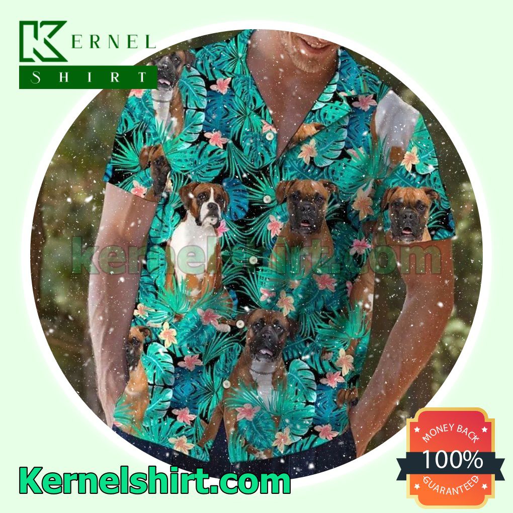 Boxer Dogs Behind Tropical Leaves Beach Shirt