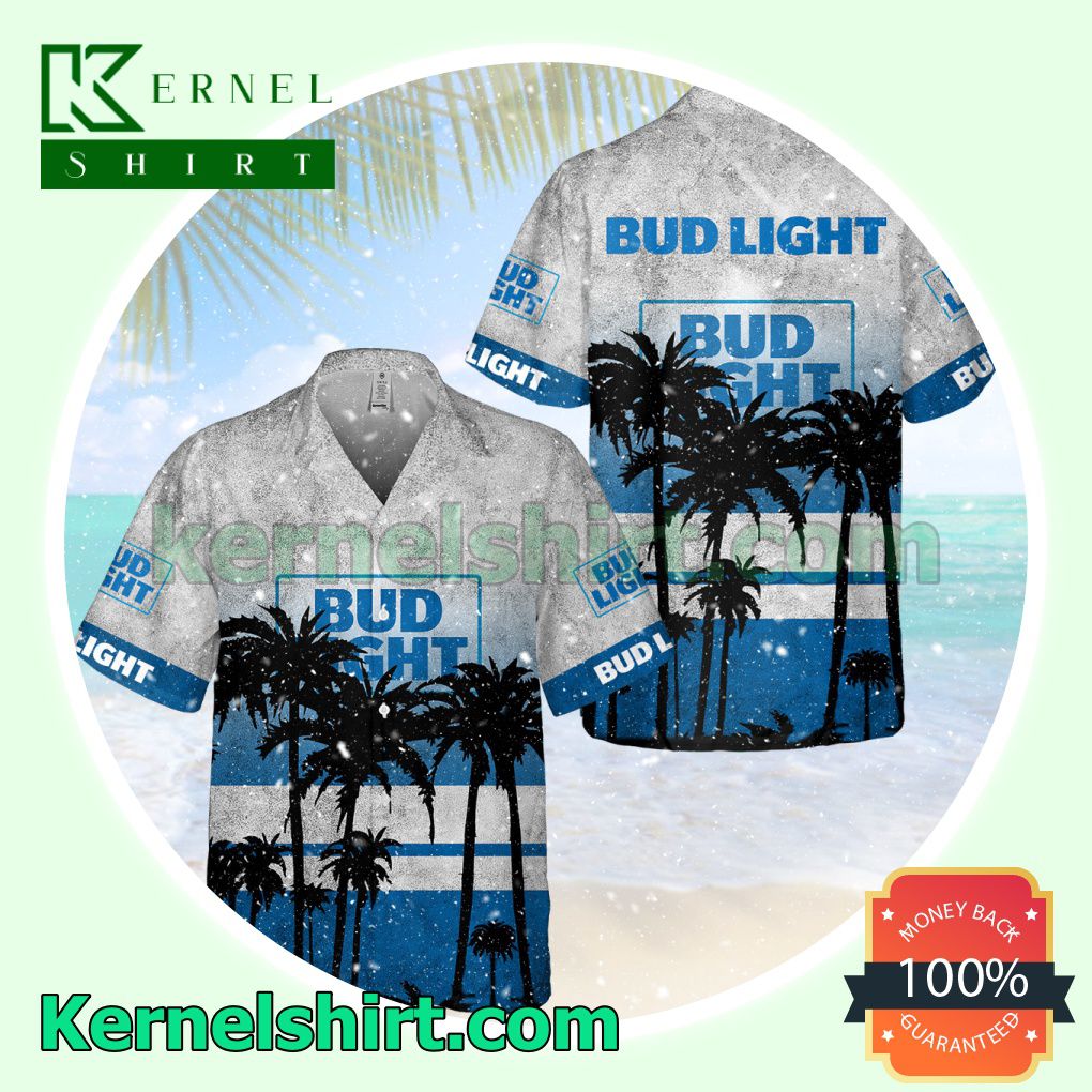Bud Light Black Palm Tree White Blue Aloha Beach Hawaiian Shirt