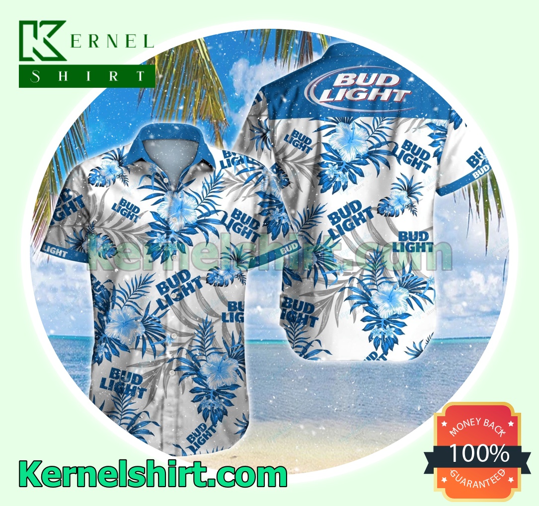 Bud Light Blue Tropical Floral White Beach Shirts