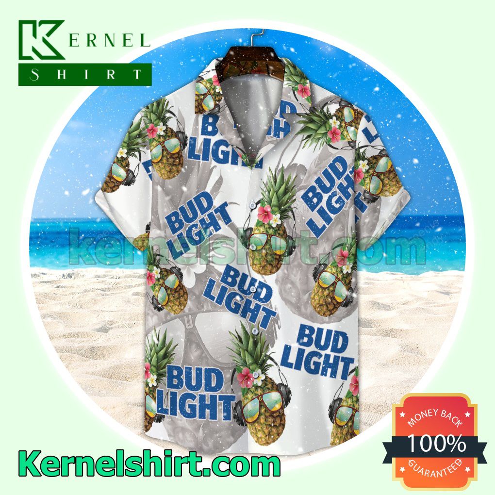 Bud Light Funny Pineapple Unisex White Aloha Beach Hawaiian Shirt