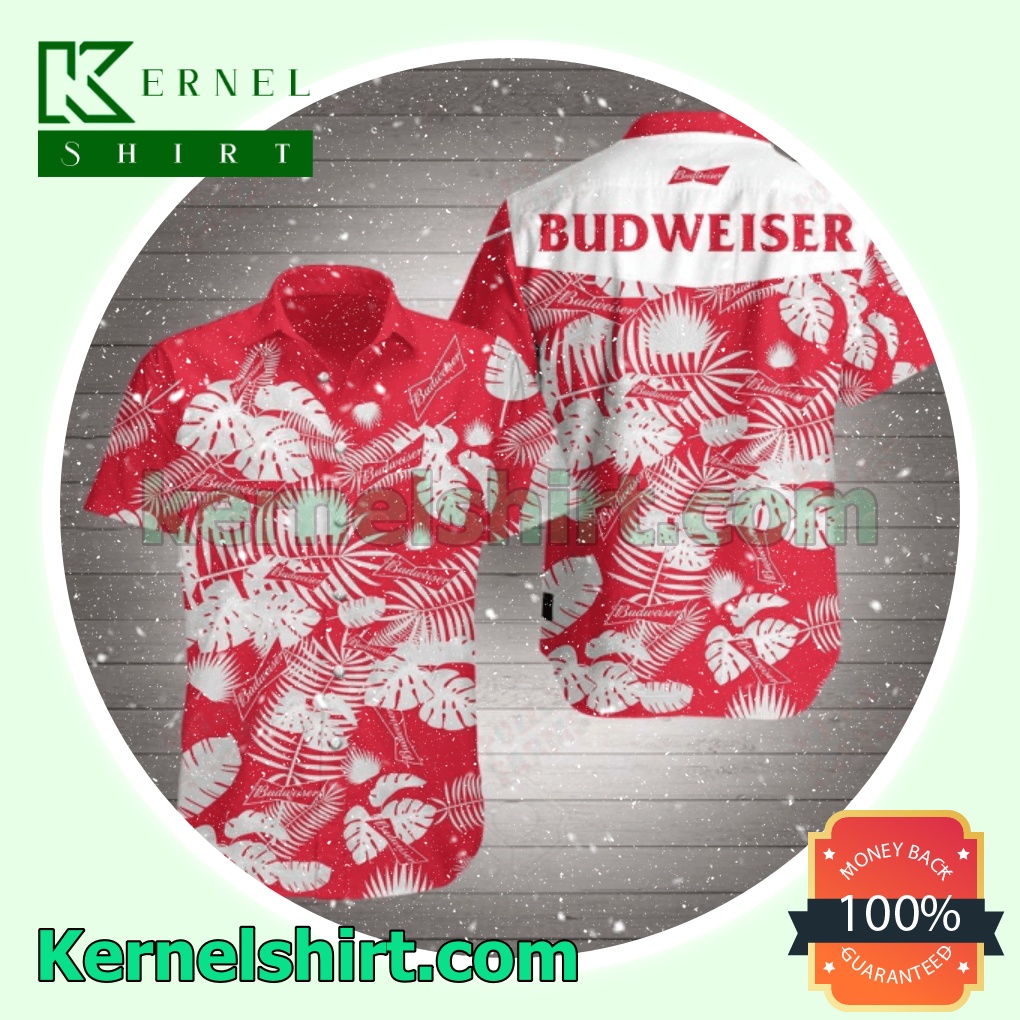 Budweiser White Tropical Leaves Red Beach Shirts