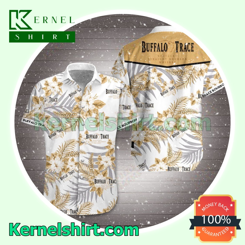 Buffalo Trace Kentucky Straight Bourbon Whiskey Gold Tropical Floral White Beach Shirts