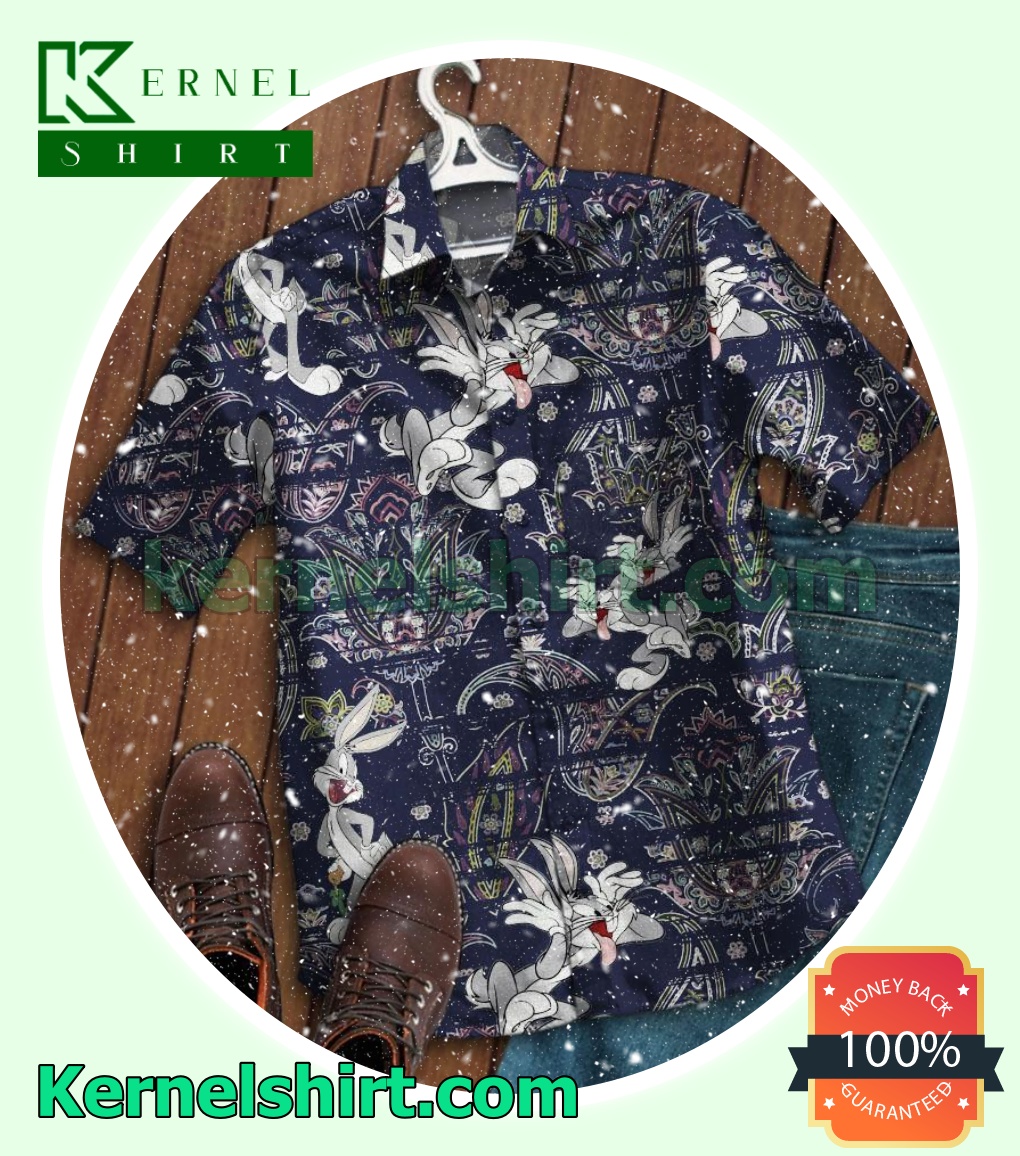 Bugs Bunny Flower Pattern Navy Beach Shirts