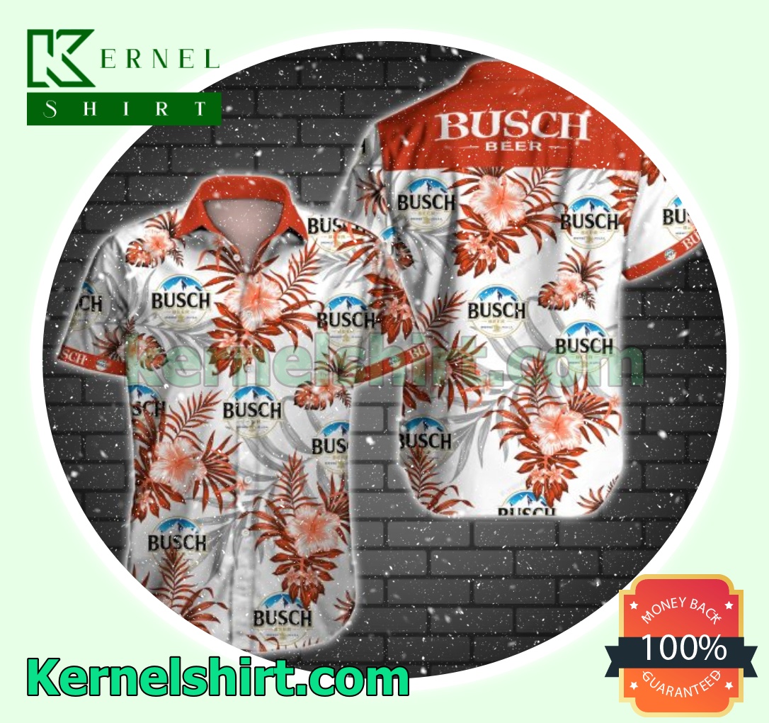 Busch Beer Logo And Red Hibiscus On White Beach Shirts