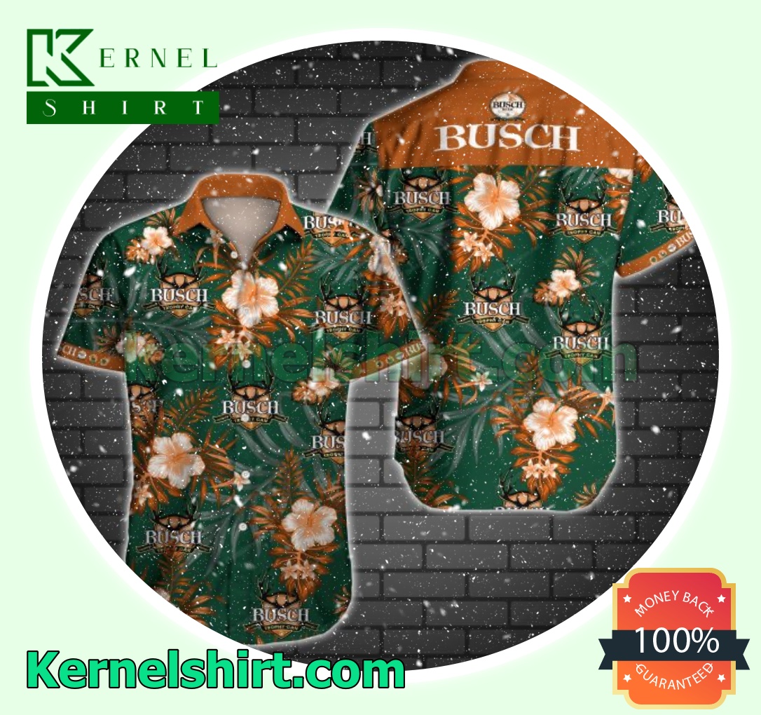 Busch Gold Trophy Beer Logo And Orange Hibiscus On Green Beach Shirts