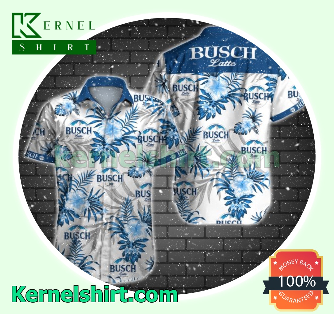 Busch Latte Logo And Blue Hibiscus On White Beach Shirts