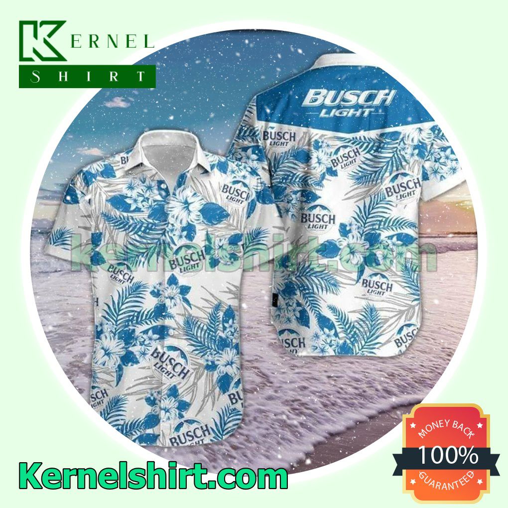 Busch Light Blue Hibiscus On White Beach Shirt