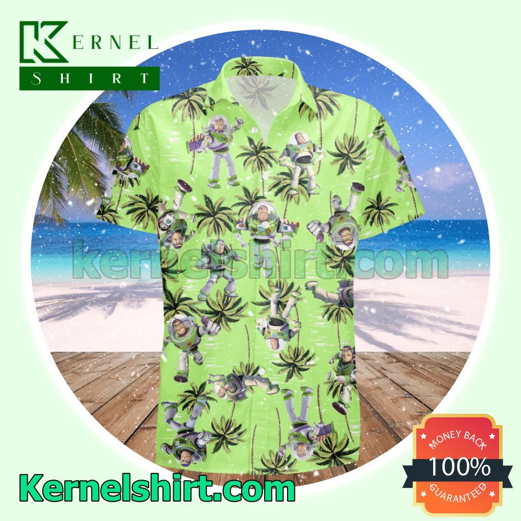 Fantastic Buzz Lightyear Costume Disney Toy Story Green Black Aloha Beach Hawaiian Shirt