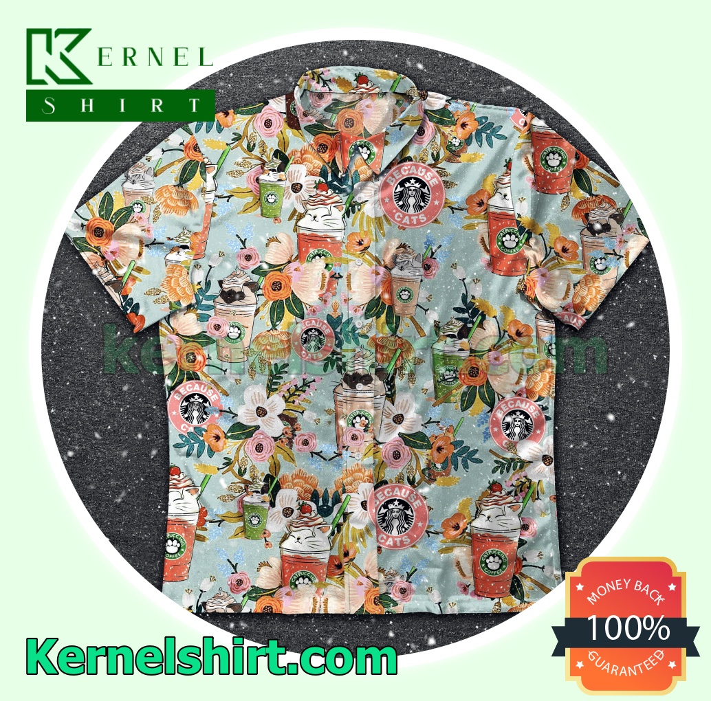 Cats Starbuck Floral Pattern Light Blue Beach Shirts