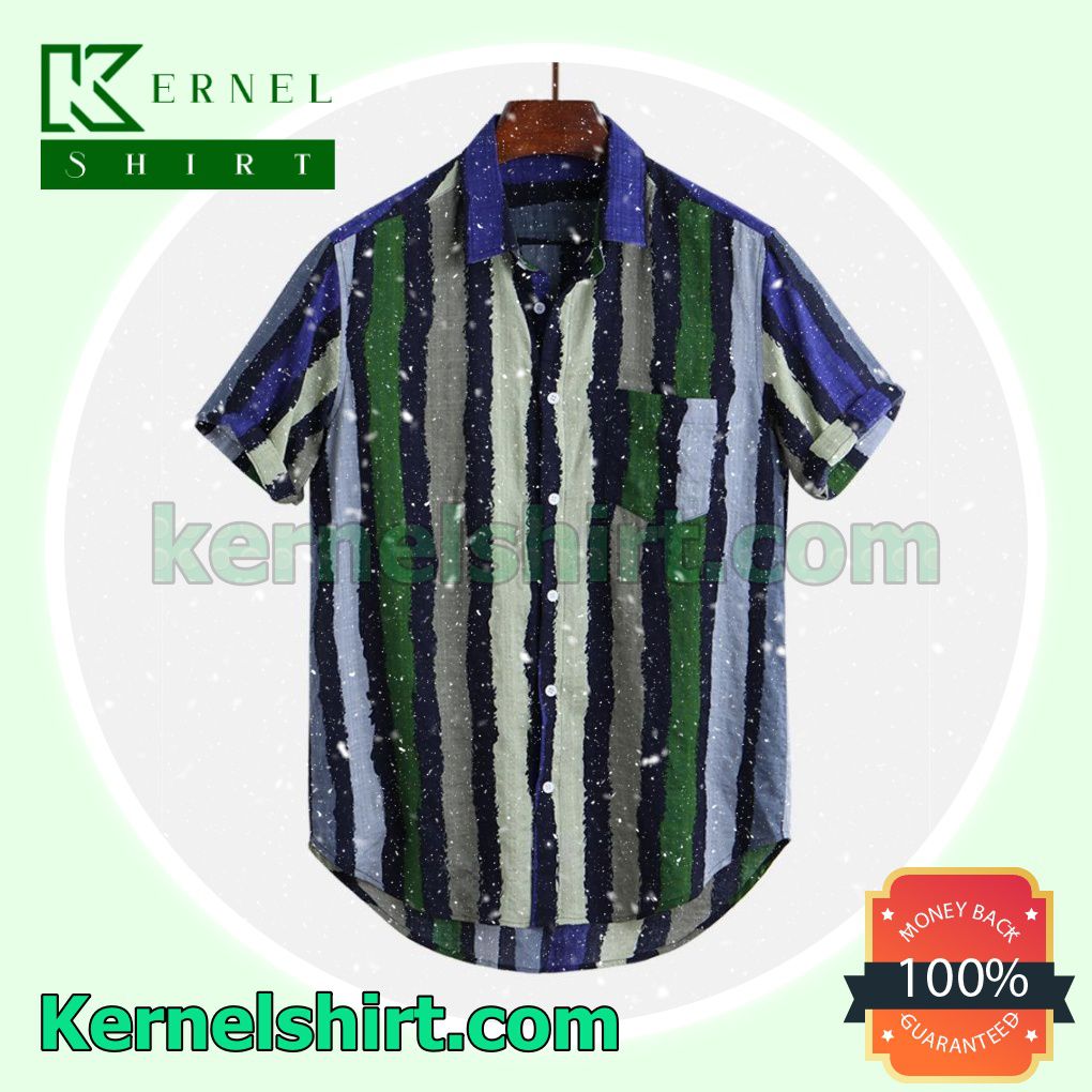 Contrast Color Striped Chest Pocket Beach Shirts