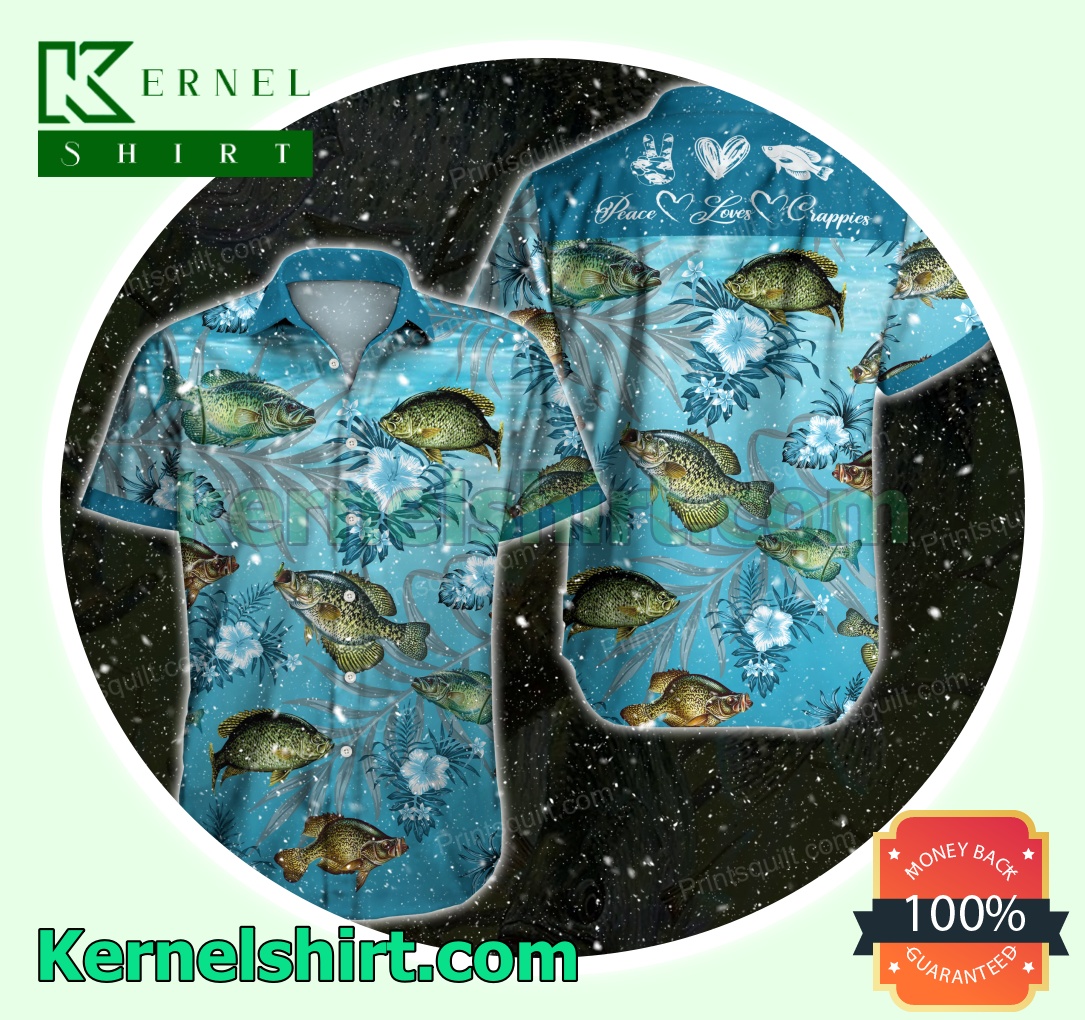 Crappie Lovers Peace Loves Crappies Tropical Floral Blue Beach Shirts