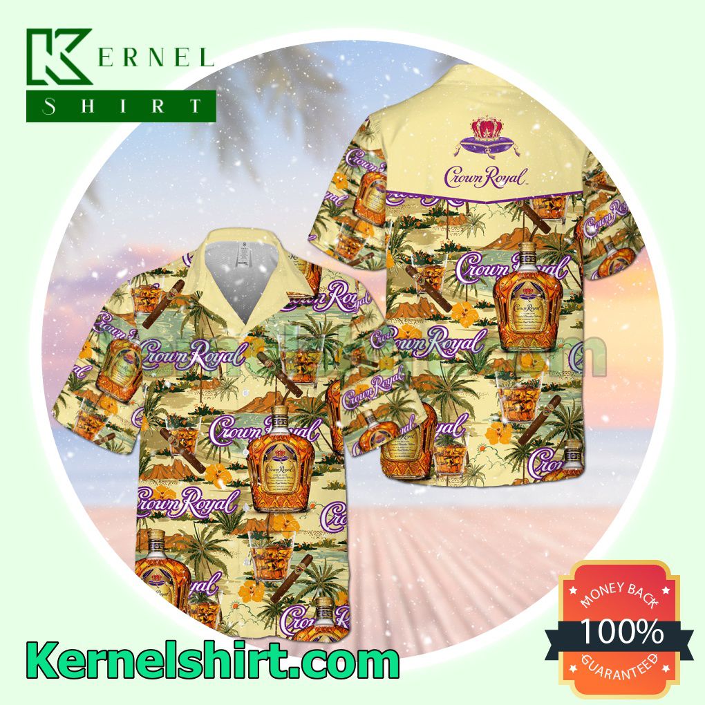 Crown Royal Canadian Whisky Palm Tree Light Yellow Aloha Beach Hawaiian Shirt