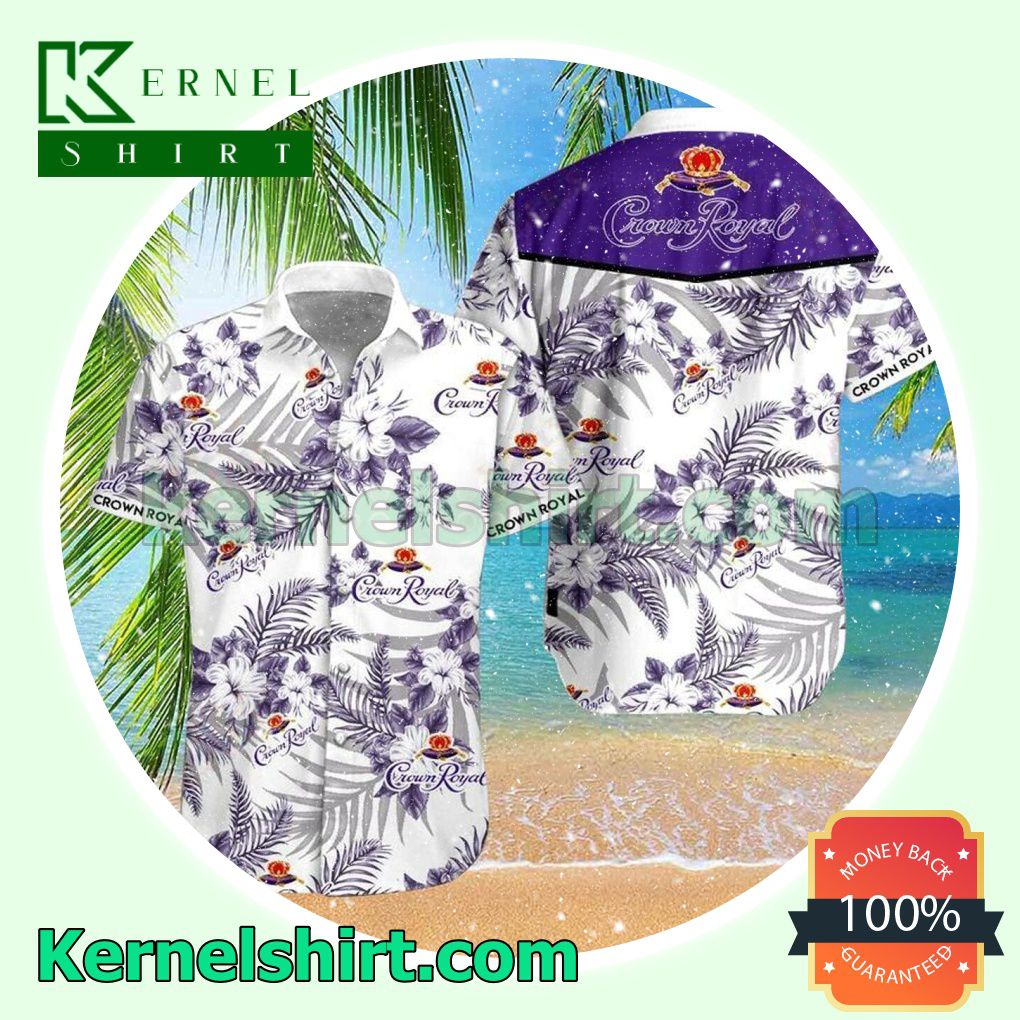 Crown Royal Whisky Purple Tropical Floral White Beach Shirt