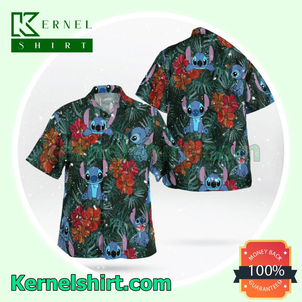 Cute Stitch Tropical Hibiscus Leaf Beach Shirts