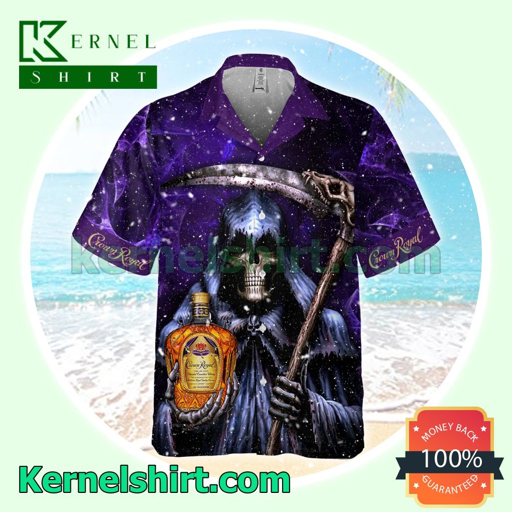 Death Holding Crown Royal Purple Black Aloha Beach Hawaiian Shirt