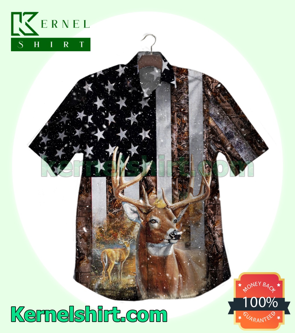 Deer Hunting Forest American Flag Beach Shirts