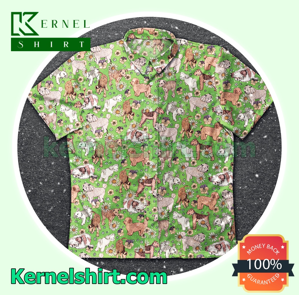 Dogs And Flowers Green Beach Shirts