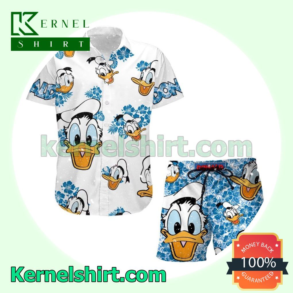 Donald Duck Surfing Disney Cartoon Graphics White Blue Aloha Beach Hawaiian Shirt