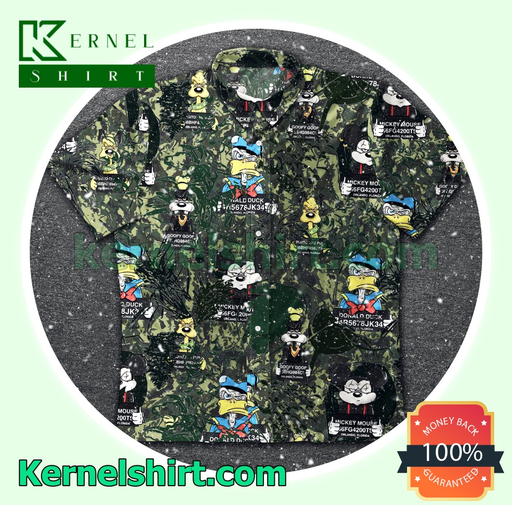 Donald Mickey And Goofy Holding Number Plate Camo Beach Shirts