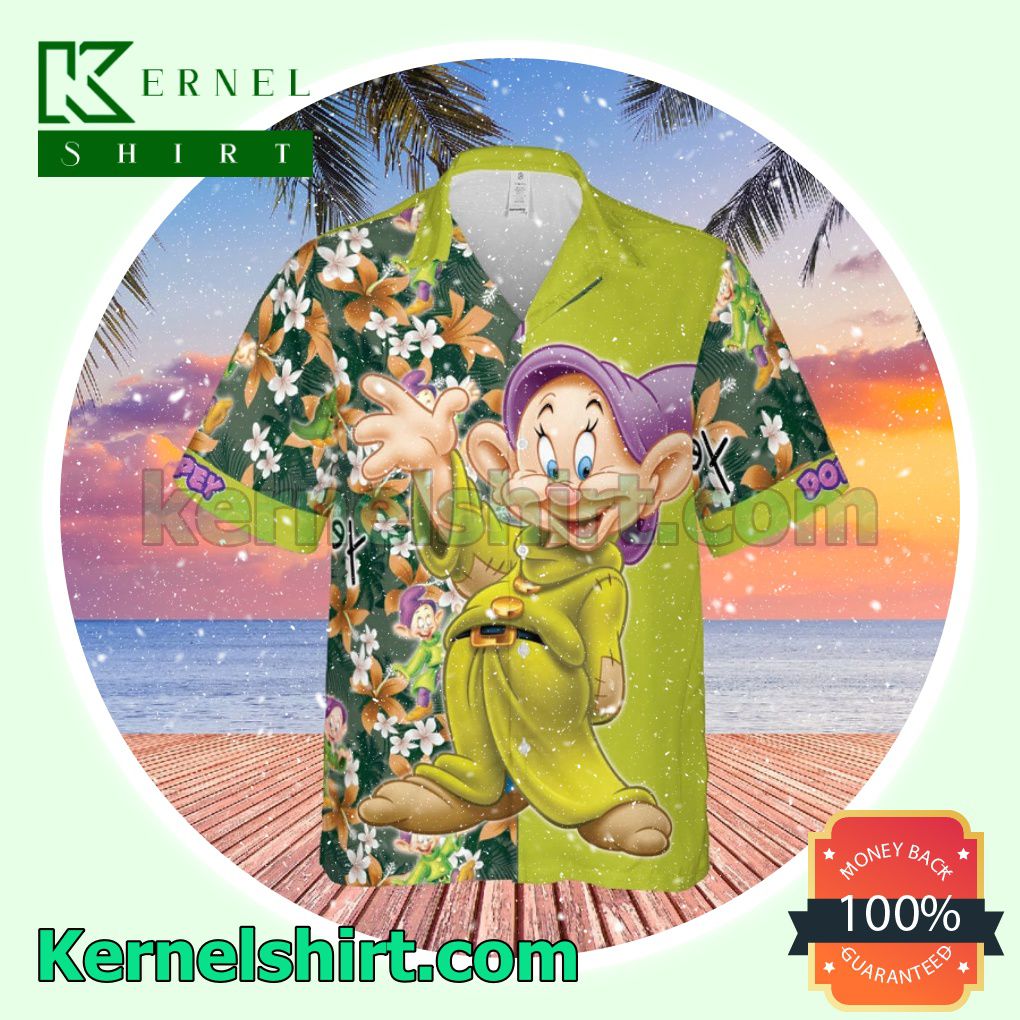 Dopey Dwarf Snow White Disney Cartoon Graphics Floral Pattern Green Aloha Beach Hawaiian Shirt