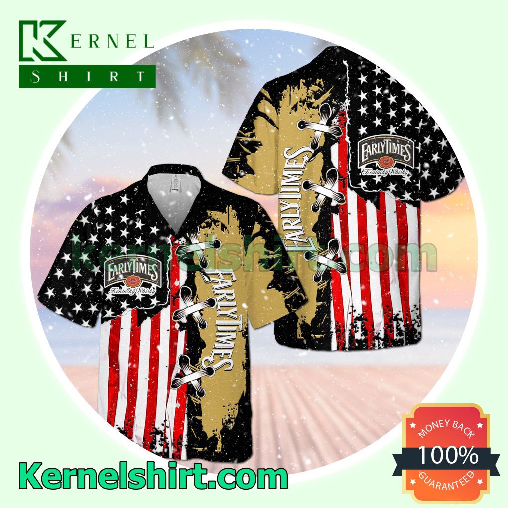 Early Times USA Flag Cross Stitch Black Yellow Aloha Beach Hawaiian Shirt