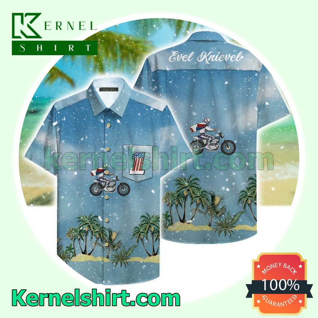 Evel Knievel Riding Motorcycle Palm Tree Blue Beach Shirt