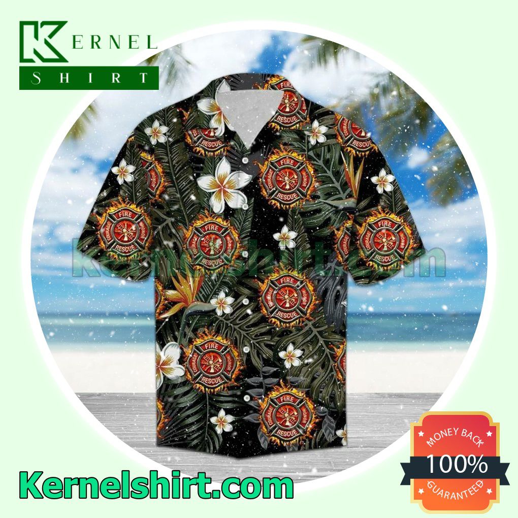 Buy In US Firefighter Logo Flower And Leaves Print Black Beach Shirt